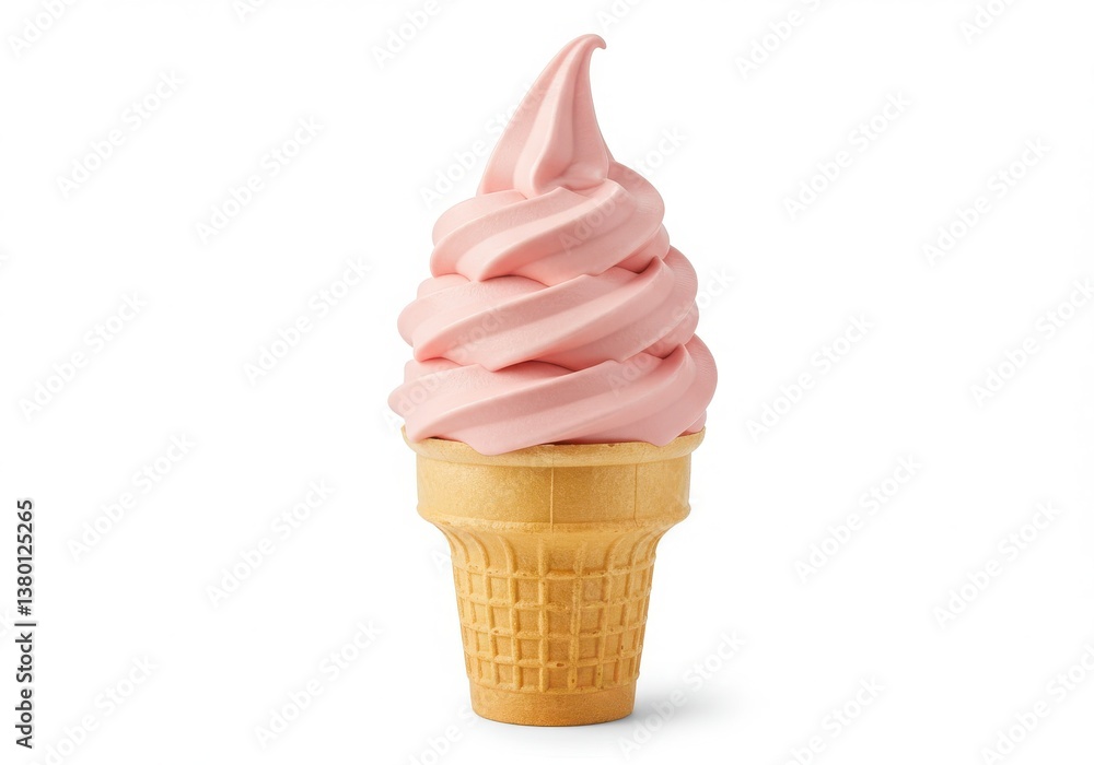 Poster a single pink soft serve ice cream cone isolated on a white background in a studio shot style