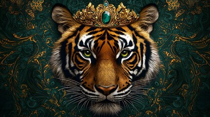 Regal Tiger with Crown Prowls Through Lush Green Background in Majestic Artwork