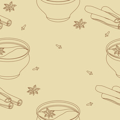 Editable Seamless Pattern of Outline Style Indian Masala Chai in Pottery Cup with Assorted Herb Spices Vector Illustration for Creating Background of Beverages With South Asian Culture and Tradition