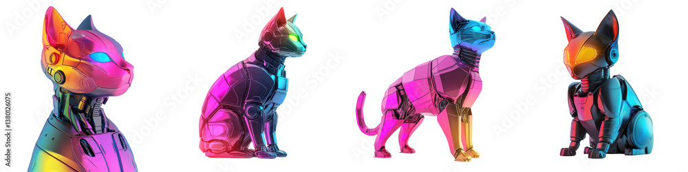 Poster striking abstract cat figurines with a futuristic low poly design and a prismatic iridescent finish 