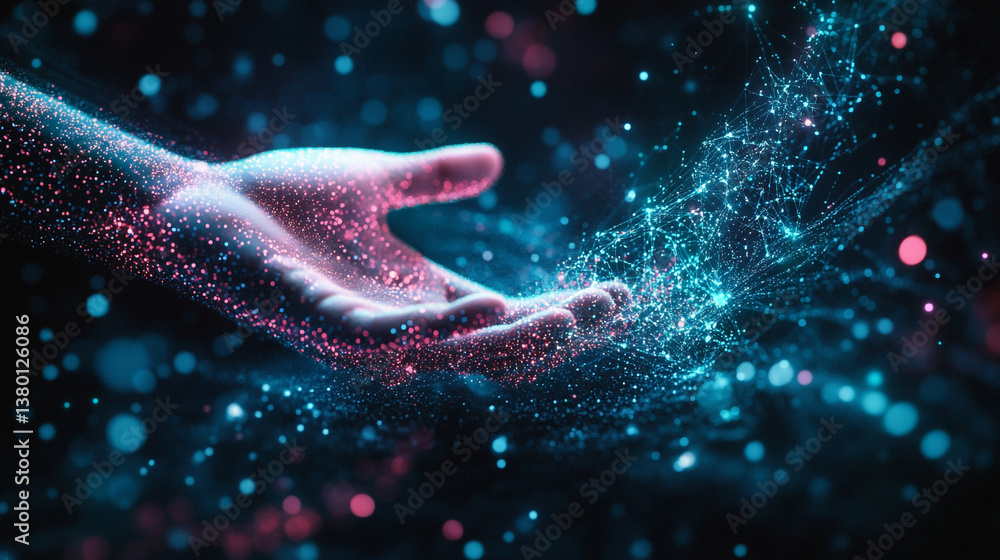 Poster a hand holding a glowing network of interconnected dots in a dark and bokeh filled background scene