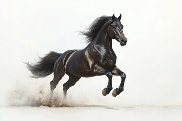 A majestic black horse gallops across a sandy surface, its mane and tail flowing in the wind, creating a stunning, dynamic image.