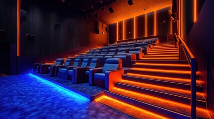 Naklejka premium luxurious cinema interior with futuristic lighting showcasing plush seating and tiered steps illuminated by vibrant orange and blue hues