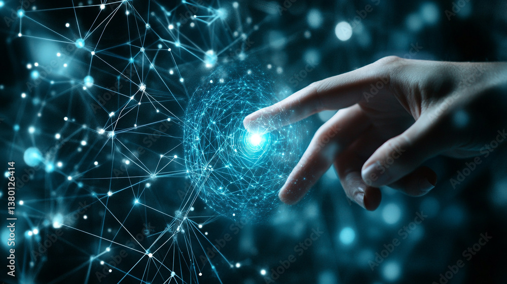 Poster hand interacting with glowing network sphere of interconnected nodes and lines in blue light