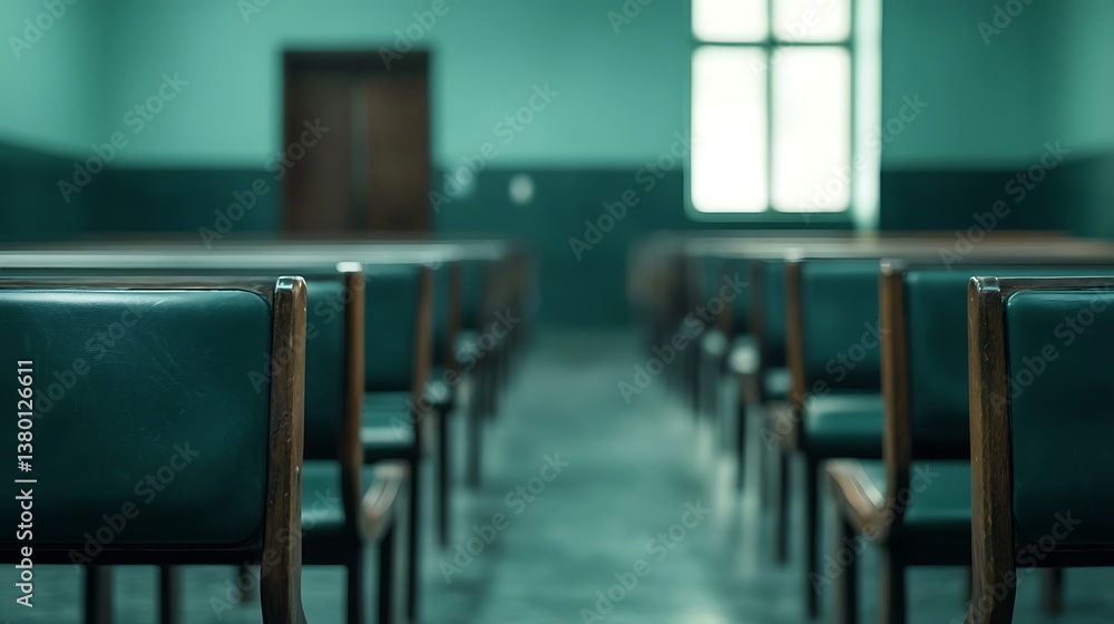 Poster a serene classroom setting featuring rows of wooden chairs against a muted green backdrop, creating 