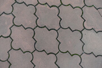 Texture of pale pink pavement of interlocking concrete tiles with moroccan lattice layout