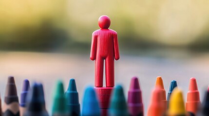 The red man stands on the colored crayon, symbolizing standing out from many colors, implying the display of leadership or uniqueness.