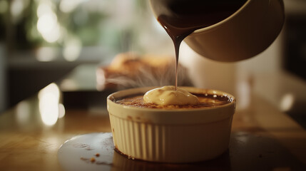 Warm chocolate sauce poured over gourmet dessert cake