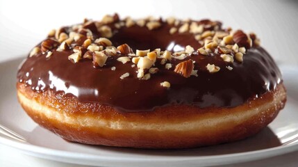 Glazed Chocolate Donut with Chopped Nuts on a White Plate