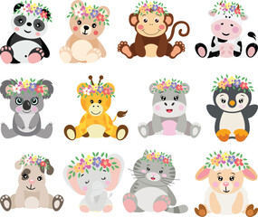Obraz premium Set digital collage of adorable animals sitting with wreath floral on head