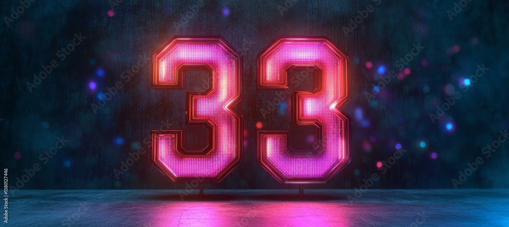 Poster glowing digital single big 3d number 33 in futuristic style on digital abstract background