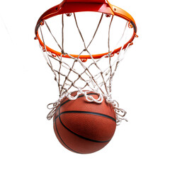 Basketball falling into the net on a hoop with isolated on white transparent background