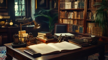 An elegant old study desk with various antique items on it