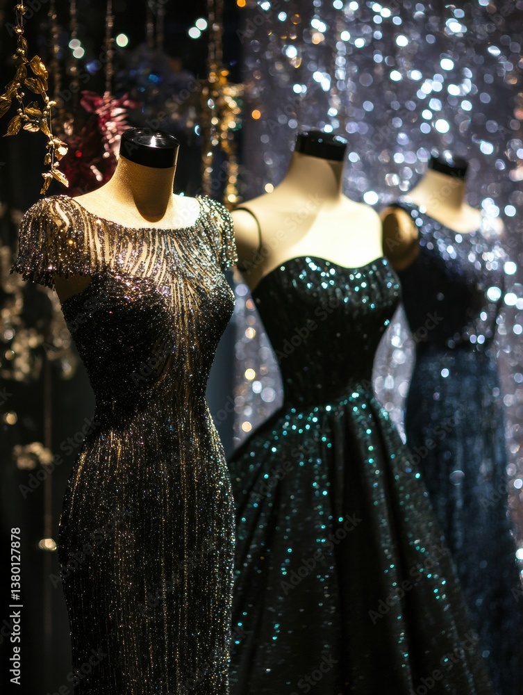 Poster Elegant eveningwear displayed on mannequins against a sparkling bokeh background showcasing textures and sequins