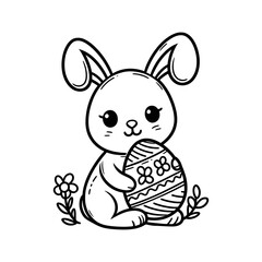 A cute black-and-white line drawing of an Easter bunny holding a decorated Easter egg.