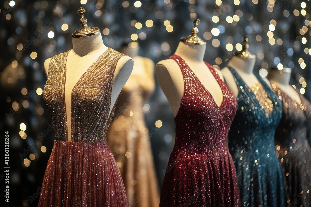 Poster elegant eveningwear on mannequins with sparkling textures set against a shimmering bokeh background 