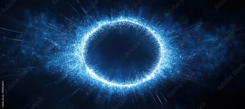 Poster glowing blue circular abstract energy with dynamic streaks and particles