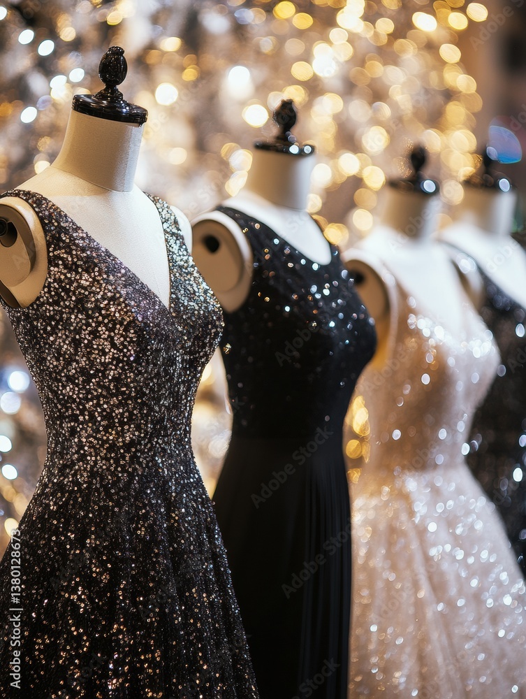 Poster elegant eveningwear displays sparkling textures and sequins on mannequins against a dazzling bokeh b
