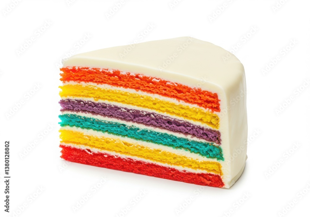 Poster a slice of rainbow layer cake with white frosting on a white background in a studio shot