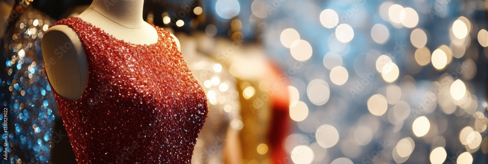 Poster elegant eveningwear on display with sparkling textures and sequins against a glittery bokeh backgrou