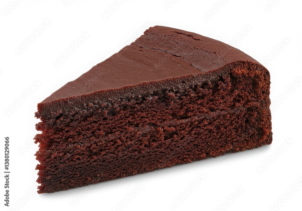 Poster a single slice of rich chocolate cake with a smooth glossy topping isolated on white background