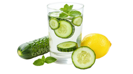 A clear glass filled with fresh chilled water infused with slices of crisp cucumber tangy lemon and fragrant mint leaves creating a rejuvenating and hydrating beverage
