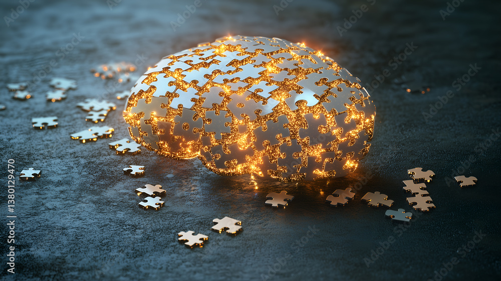 Poster a conceptual image of a brain-shaped puzzle, representing the complexity of the human mind. the puzz