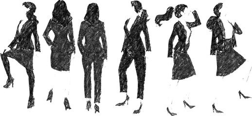 オフィスで仕事をする女性たちのイラストセット(モノクロ)