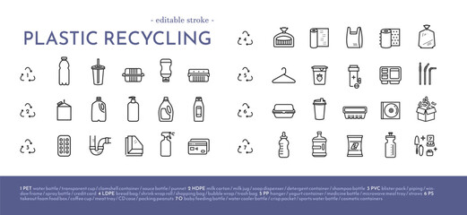 Plastic recycling icon set in line style structured by plastic type. Editable stroke. Collection of pictograms for web design. Items you can recycle: food and drink packaging, disposable bags, etc