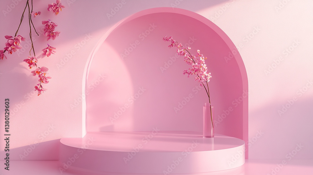 Aufkleber a pink archway with a platform and a vase of flowers, creating a soft and elegant presentation