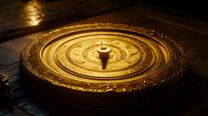 a close-up shot of an antique golden astrolabe, displaying intricate details and craftsmanship, in a dim and warm setting