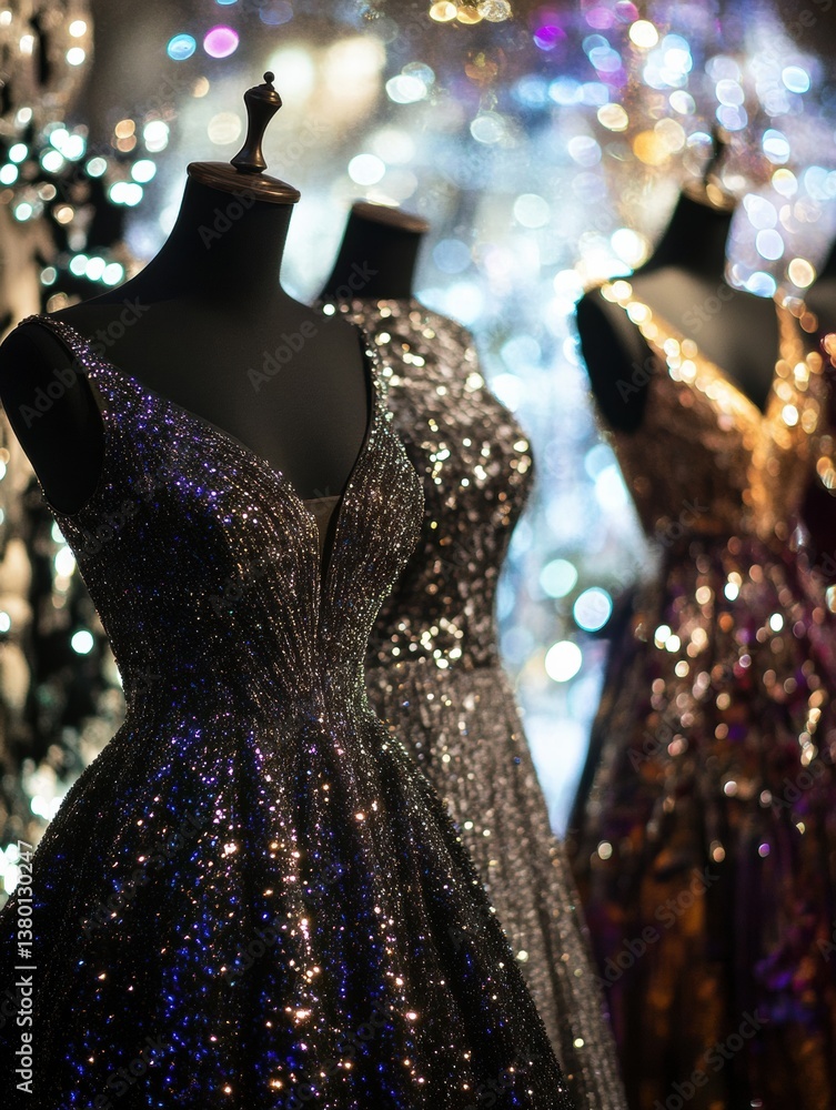 Poster elegant eveningwear displayed on mannequins with sparkling textures against a glittery bokeh backgro
