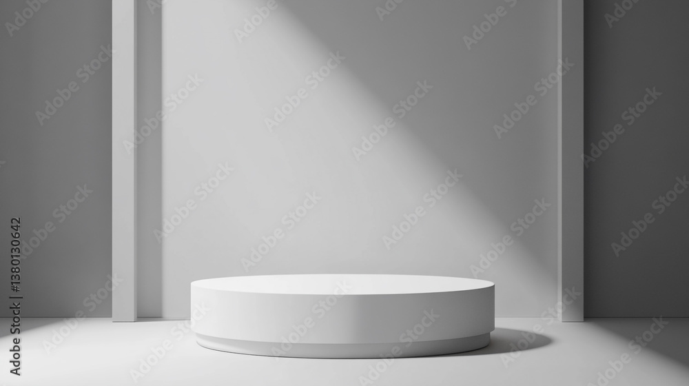 Poster white cylinder podium in a minimalist studio setting with soft lighting and architectural details
