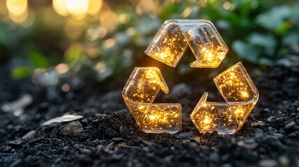 Transparent recycling symbol with golden glitter on soil. Eco-friendly concept surrounded by plants and soft light.

