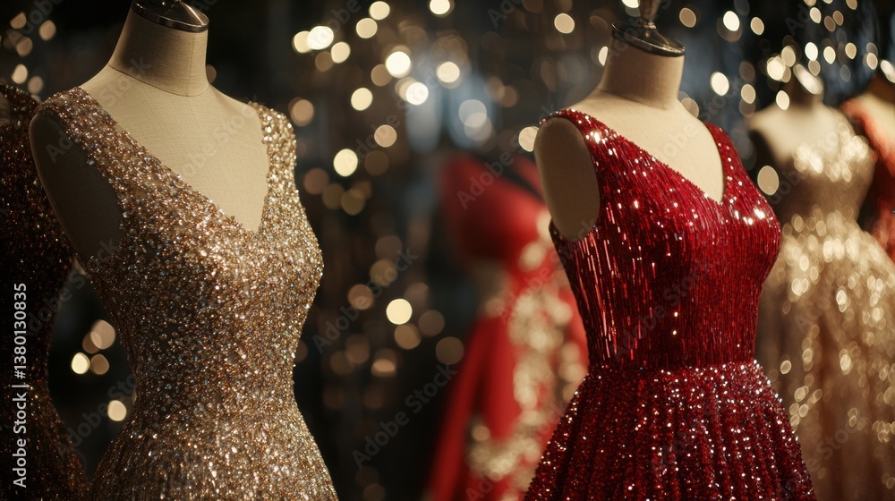 Poster elegant eveningwear displayed on mannequins with sparkling textures and sequins in a glamorous setti