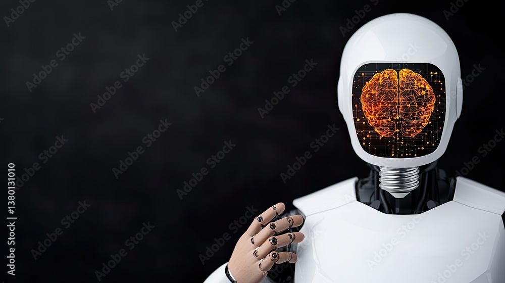 Poster robotic ai brain interaction futuristic technology digital art studio environment close-up view inno