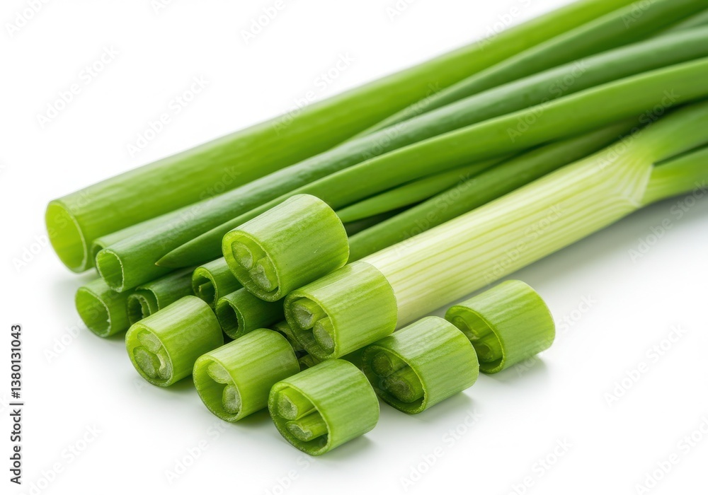 Poster a close up of fresh scallions with some sliced on a white surface in a studio shot setting