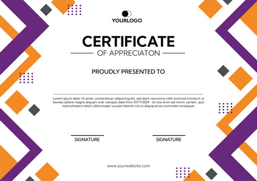 Certificate of Appreciation template design with rectangle purple and orange