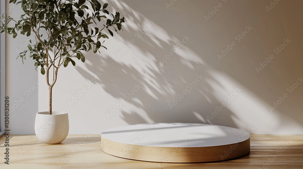 Poster a minimalist scene with a plant and a circular platform bathed in soft light and shadow patterns