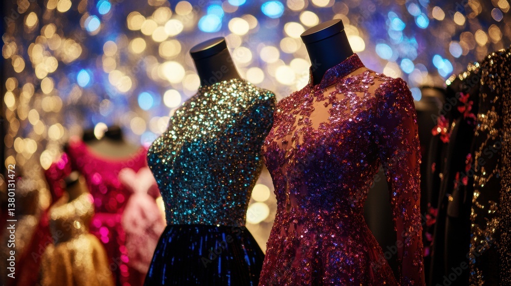 Poster elegant eveningwear displayed on mannequins in a glamorous setting with sparkling textures and bokeh