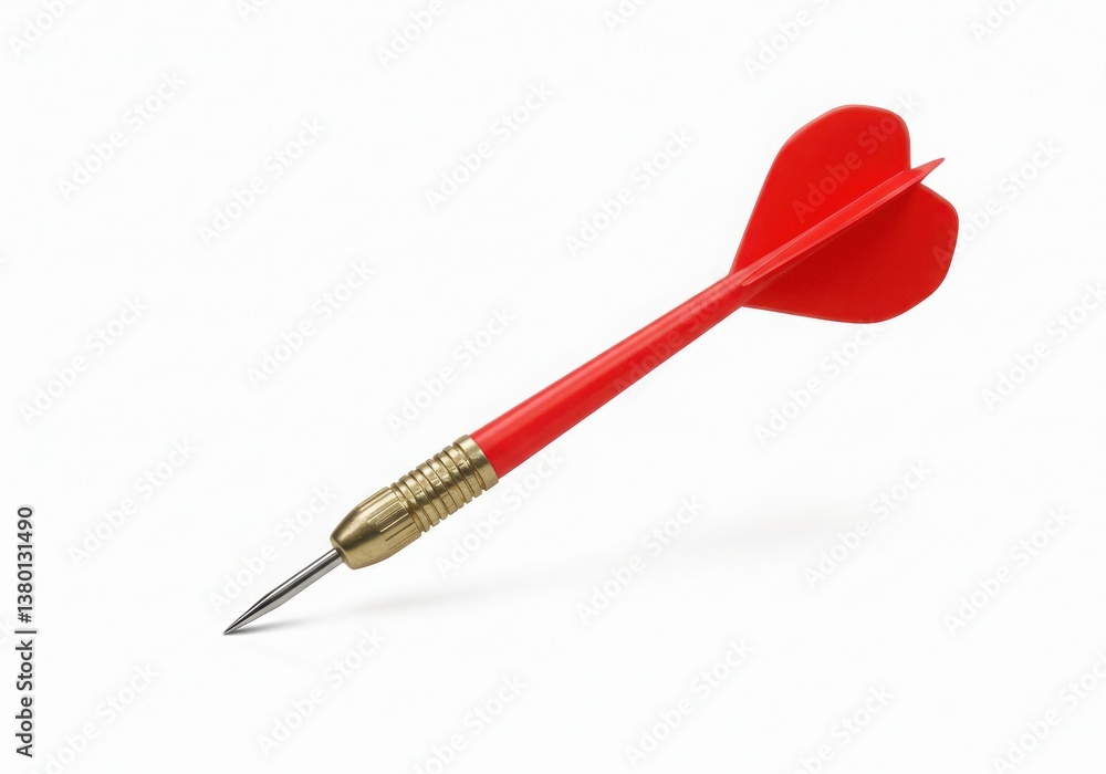 Poster a single red dart with a gold grip and metal tip isolated on a plain white background in a studio sh