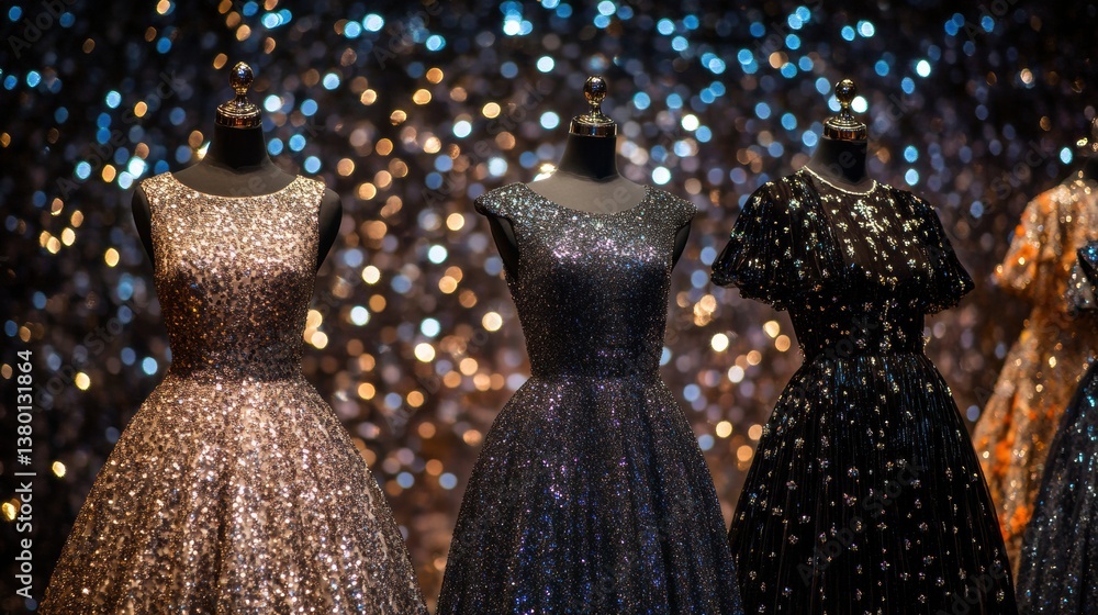 Poster elegant eveningwear displayed on mannequins with sparkling textures against a bokeh backdrop