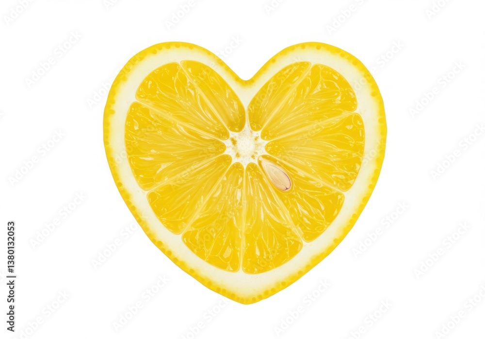 Poster a close up of a heart shaped lemon slice on a white background in a studio setting for advertising