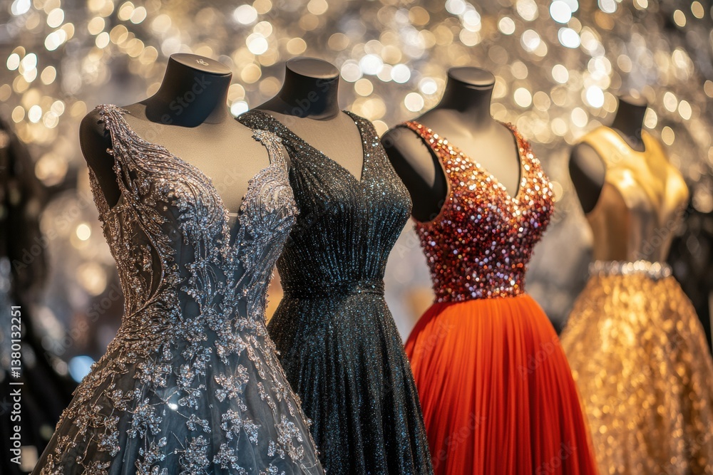 Poster elegant eveningwear displayed on mannequins against a shimmering bokeh background in a glamorous set