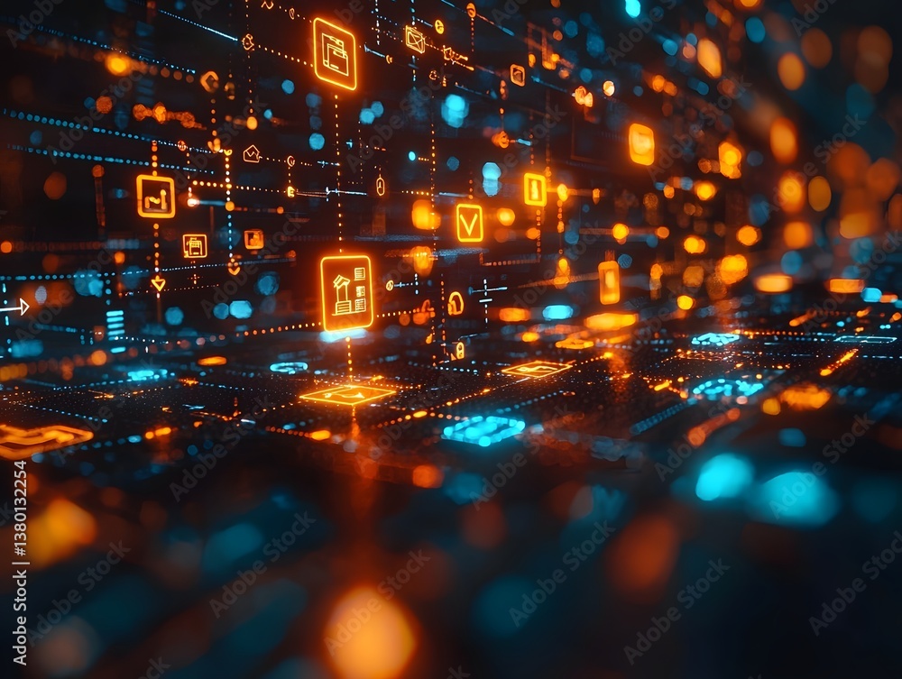 Poster digital marketplace with interactive floating icons