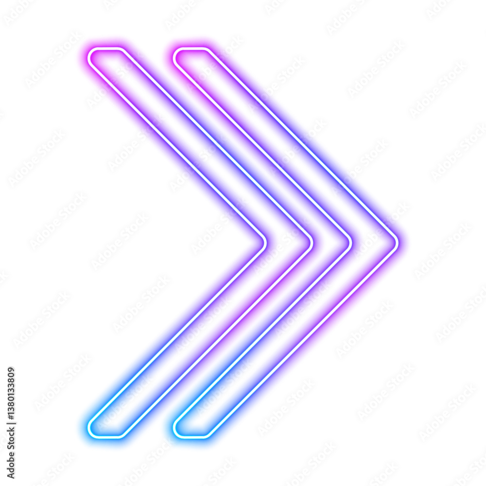 Poster glowing neon sign of movement, speed, outline arrow pointer silhouette on white background png. retr