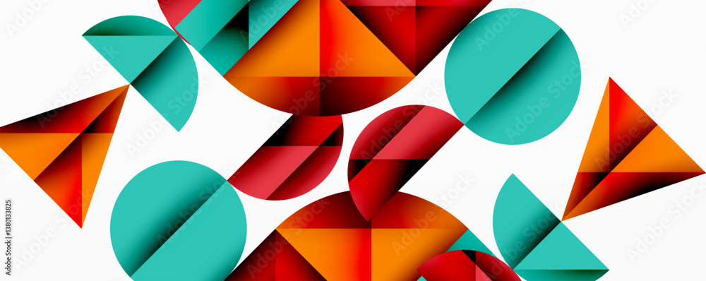Poster abstract geometric shapes. red, orange, teal circles, triangles overlap creating dynamic composition