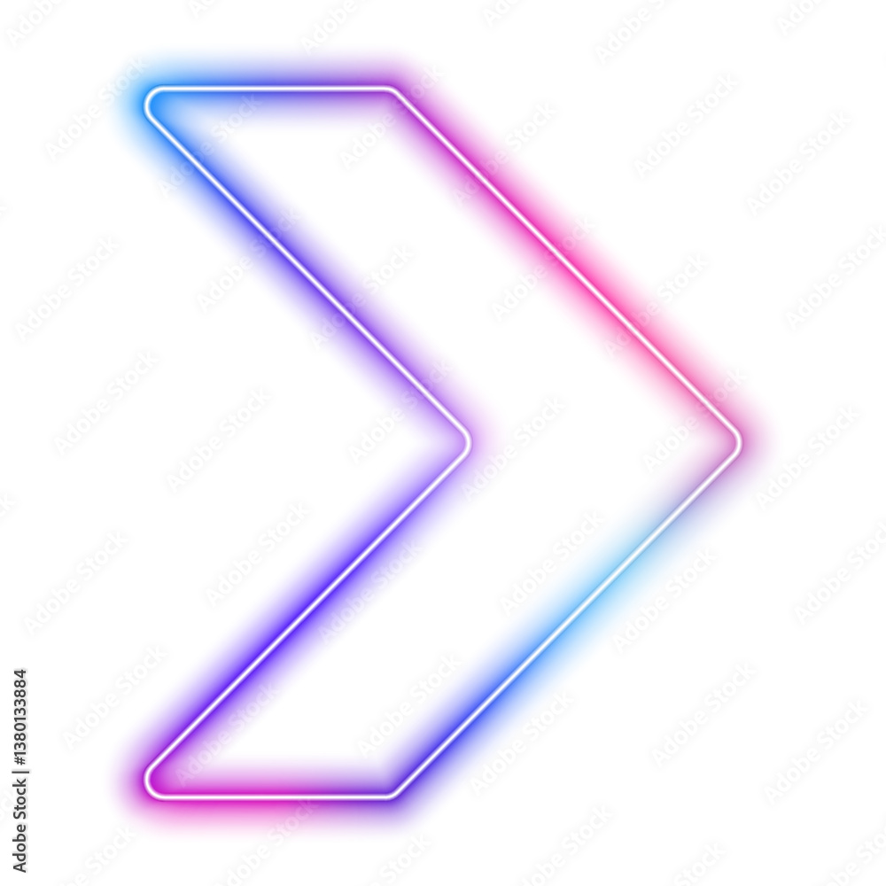Poster glowing neon sign of movement, speed, outline arrow pointer silhouette on white background png. retr
