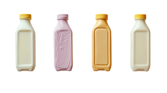 A symmetrical display of different colored milk bottles including white pink and yellow presented against a clean minimalist white background - Powered by Adobe