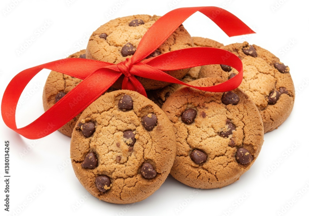 Poster a stack of chocolate chip cookies tied with a red ribbon on a white background surface top view